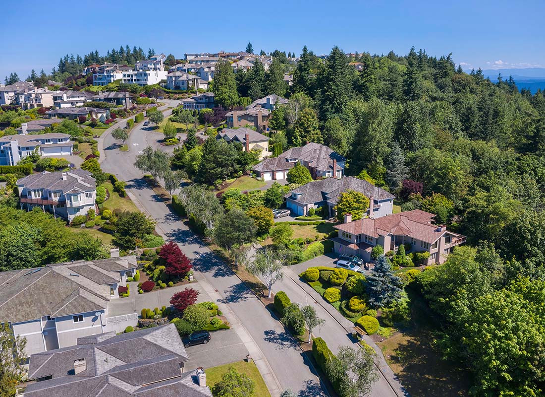 About Our Agency - Aerial View of Luxury Multi Story Homes in a Scenic Neighborhood in Bellevue Washington On top of a Hill with Bright Green Trees